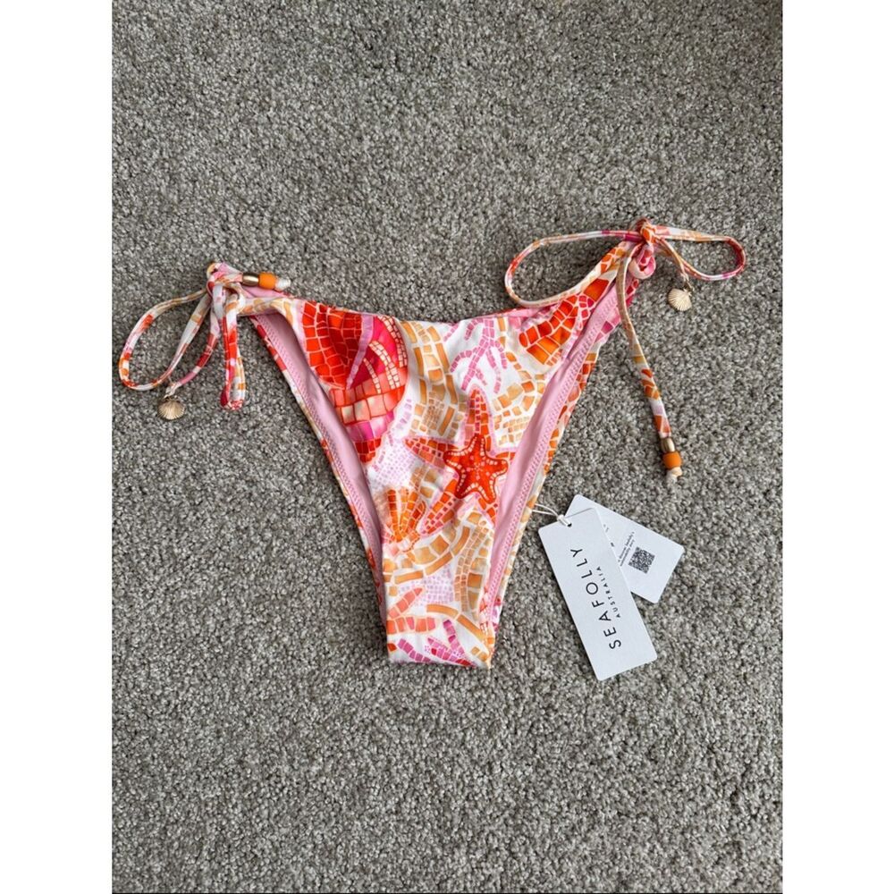 Seafolly Tie-Side Bikini Bottom - Coral & Pink Mosaic